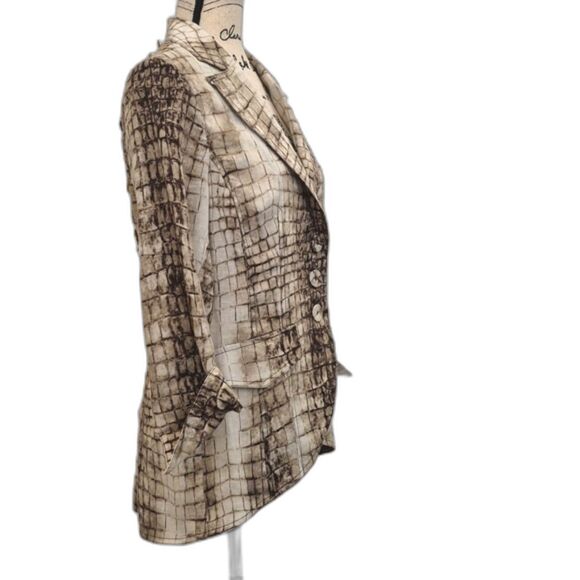 Alberto Makali Blazer Jacket 10 Brown 100% Linen Lace Pattern Notched Lapel - Picture 2 of 9